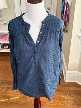 Blue Textured Button-Down Pintuck Blouse